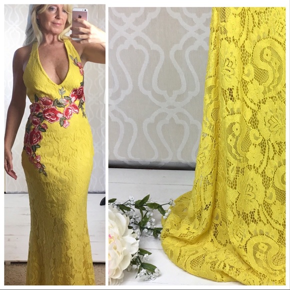 Red Roses on Daffodil Yellow Lace Formal Gown - Picture 3 of 8